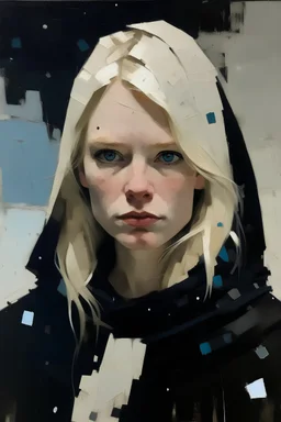 Euan Uglow oil impasto painting Portrait of beautiful female supermodel, Features: with blonde hair, Clothing: Wearing a futuristic black poncho with white dots everywhere, distressed style, designed by Nike and Tom Sachs, Settings: professional color grading