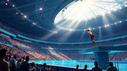 Create a detailed scene depicting a contemporary Olympic diving venue. The setting should include an audience of spectators watching the event, with a focus on a woman poised on the diving board, preparing to dive. Please include elements such as the design of the diving platform, the atmosphere of the crowd, and the overall ambiance of the venue. The output should be structured as a vivid description, capturing the energy and excitement of the moment.