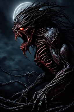 A dramatic digital painting portraying a horror monster under the Moon, veins pulsing, claws of temptation visible, soul in turmoil. In the style of Luis Royo and Boris Vallejo and Giger and Ridley Scott, vivid colors, swirling brushstrokes, highly detailed, 8k resolution, surrealistic., juicy emotions, painting, gloomy fantasy, gloomy day, dark world, portrait, graphite, wide strokes, a weaving frame around, by Ryohei Hase, Agnes Cecile, Raymond Swanland, Anne Bachelier