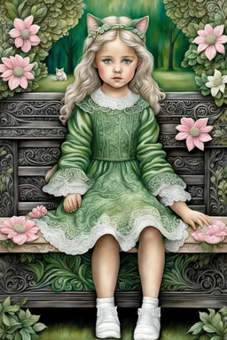 Mixed Media Dry Brush shimmering tones, 3D, highly textured, little girl with pretty green eyes, sitting on an ornate bench with her black cat in the park, flowers, shades of Sage green, white, and pink, beautifully embossed