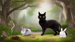 A black cat staring a white rabbit in the forest.