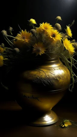 Bosch nightmares paining style Title:a yellow vase with dry dark color flowers 8k artistic photography, photorealistic concept art, soft natural volumetric cinematic perfect light, chiaroscuro, award-winning photograph, masterpiece, oil on canvas, Raphael, Caravaggio, Greg Rutkowski, people, beksinski, Giger