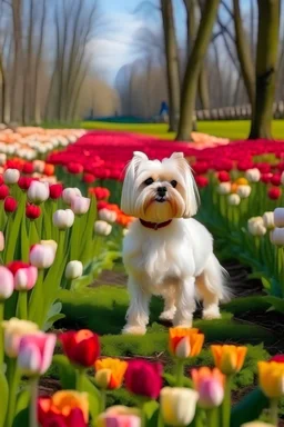 UN PERRO DE RAZA BICHON MALTES QUE ES JARDINERO DE UN BOSQUE. ESTA EN UN AMBIENTE DE PRADERA CON MUCHOS TULIPANES Y FLORES