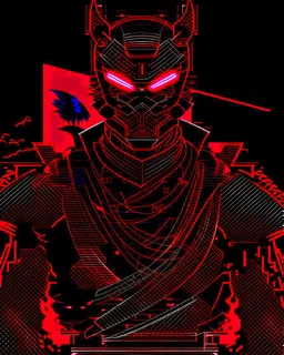 dibujo de contorno de un Samurái negro y rojo con traje cyberpunk