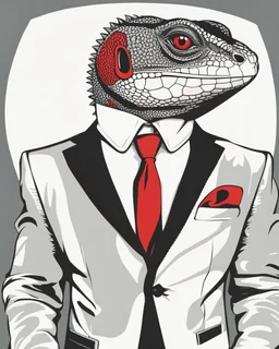 Ilustración vectorial de lagarto con traje y corbata, colores negro, blanco y rojo, full body