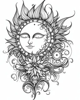 realistic sun tattoo idea, line art, background, vector, svg, black outline on white background, leave plenty of white space beetween lines for coloring, tattoo style, tattoo idea,full body