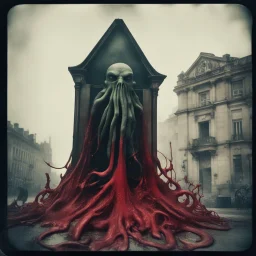 A dramatic vintage polaroid, double exposure of Cthulhu and the chaos of the French Revolution, red stained visceral guillotine, sinister, Gritty memory come to life, oddball masterpiece, sfumato, dark humor, eerie, complex contrast, dynamic composition