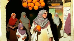 A full-length Palestinian girl wearing an embroidered dress and a white embroidered shawl buys oranges from an old seller wearing a keffiyeh in the market of Jerusalem, 100 years ago, at night with multi-colored lights reflecting on her.