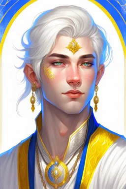 a wealthy half-elf young man with pointy ears and blue eyes, wears lots of jewelry, white hair, wearing white and gold