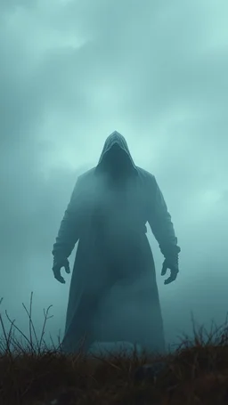 Heavy fog, huge angry hooded man in the sky