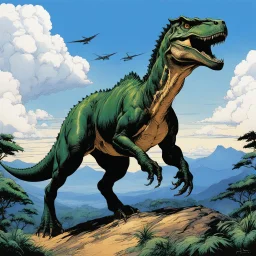 (in the style of Orion, by Masamune Shirow) a t-rex on the top of his hill