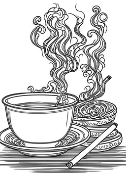 Outline art for coloring page, A LIT CIGARETTE WITH WHISPS OF SMOKE ON A SAUCER NEXT TO A JAPANESE CHAWAN TEACUP, coloring page, white background, Sketch style, only use outline, clean line art, white background, no shadows, no shading, no color, clear