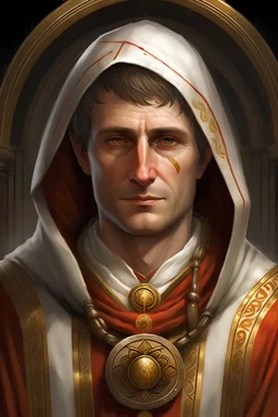 portrait of a cleric of lathander, brown but short hair, around thirty years old, oval face, white, red and gold tunic with a hood, gold eyes, in baldur's gate style