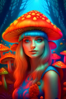 A beautiful fairy girl portrait, mushrooms colorful psychedelic colors, 3D