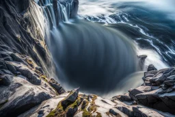 at the base of the rocky mountain peninsula, a great whirlpool waterfalls into deeper unknown depths