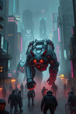 huge mechs hunting cats through cyberpunk city full of cyber cats that looks high tech but primitive like neanderthals