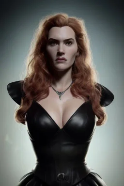 Kate Winslet as evil queen in black leather gown, cleavage, angry, stern look unreal 5, octane render,cinema4d, dynamic lighting, dramatic lighting, 4k, redshift render, highly detailed, hyper realistic