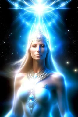 Très belle femme galactique dans un faisceau de lumière, IO commandante en chef d'une flotte de vaisseaux blancs, lumière divine
