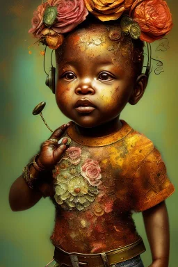 an abstract painting of rusted metal and flowers, african baby portrait, rust, scaffolding, iron cladding, decay, mixed media, textured, anatomically correct, beautiful perfect face, sharp focus, highly detailed