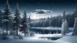 A mystical winter night scene; dark pine trees surround a snow-covered lake, reflecting the moonlight. Snowflakes twirl through the air, enchanting the serene winter forest.