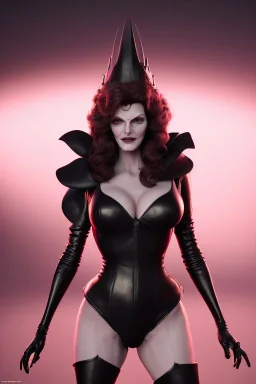 Rene Russo as evil queen in black leather gown, angry, busty, curvey, cleavage, unreal 5, octane render,cinema4d, dynamic lighting, dramatic lighting, 4k, redshift render, highly detailed, hyper realistic