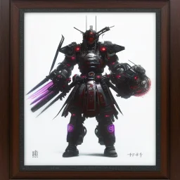 A portrait of a robot samurai, black armor, ultra realistic, unreal engine, cinematic lighting, octane render, random colurs, cosmic ambiance, masterpiece art by Yoji Shinkawa, picture in frame, frame around