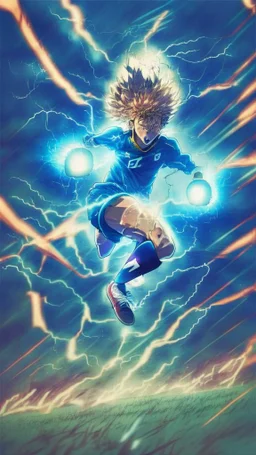 anime soccer player running covered in lightning