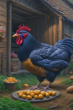 "Portrait of A chicken eating granulated feed inside a farm, by Arai Yoshimune, Simon Stålenhag, and Dan Mumford Photorealism hyperdetailed trending on Artstation 8k resolution digital illustration cel-shaded Ukiyo-e romanticism expressionism impressionist"