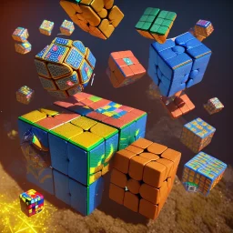 kente scene, thread, melting Rubik's cube, flying symbol, steampunk floor, embroidery, octane render, high detail