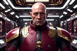 star wars bald male scientist wearing burgundy and black old republic armor with gold trim inside a laboratory on a space station, centered head and shoulders portrait, hyper-detailed, dynamic lighting, hyper-detailed background, 8k resolution, volumetric lighting, light skin, fully symmetrical details