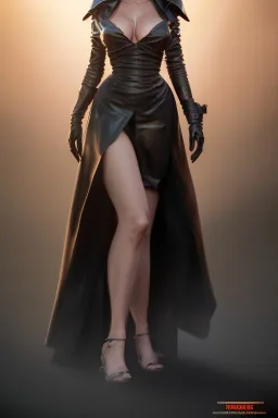 Kim Basinger in black leather gown, evil,energetic, villain, busty, cleavage, curvy, angry, happy, stern look. character design by cory loftis, fenghua zhong, ryohei hase, ismail inceoglu and ruan jia. unreal engine 5, artistic lighting, highly detailed, photorealistic, fantasy