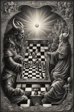 In the depths of the mind, God and the Devil engage in a timeless chess battle. God, wise and serene, faces the cunning and mischievous Devil. The chessboard, a masterpiece of cosmic art, holds the weight of eternity. Both players strategize, their thoughts intertwining with the fabric of existence. The Devil laughs with malice, testing God's resolve. God smiles with compassion, revealing a wisdom forged in eons. Their hands move, shifting the tapestry of existence. The battle symbolizes the ete