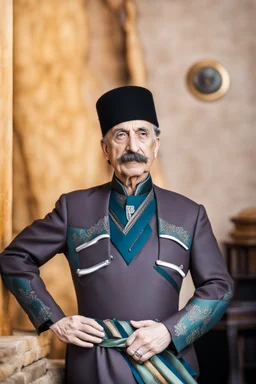 Einstein i n Azerbeyjan traditional costum color full ,upper body ,blury background ,closeup ,sharp focus