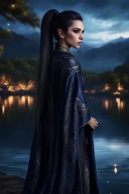 dark eyes, female elf, dark high ponytail hair, detailed ornamental magical robe, 8k, high detail, lake background, midnight, facing viewer