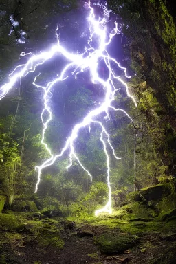 area of rocks, deep inside the forest, divine domain, Lightning,