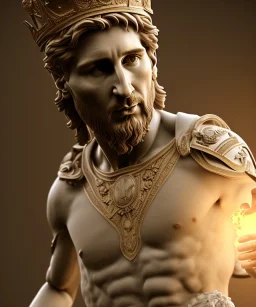 Realistic image, classic sculpture, marble material, Lionel Messi with Laurel wreath model, miguel angel style, God light, god rays, 4k resolution, perfect details, ornate details, soft lighting, unreal engine 5, soft cyan background.