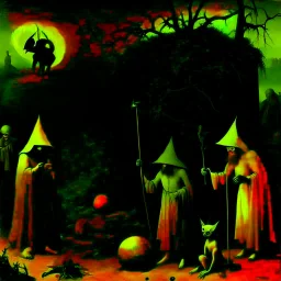 some mysterious figures, odd background, cinematic, Hieronymus Bosch, Max Ernst, vegetal life, rotten, ambient light, cry, ritual