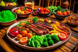 The picture shows a tasty and enticing dish containing a variety of delicious foods. The foods include slices of perfectly grilled meat and crispy fresh vegetables pulsating with colors and flavors. The background shows a simple wooden table and a warm climate that feels comfortable and enjoyable to the eating experience.