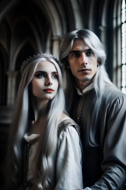 Portrait a young princess with dark grey hair and young knight with long white hair in medieval castle