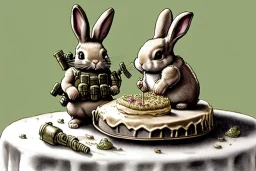 Bunny is having a birthday cake with hand grenades. Highly detailed, smooth colours, realistic landscape. Aquarell