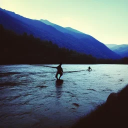 river and dark man shadow flote in sky. many scared people sides of river. river rock . valley . night