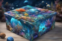 hyperrealistic, 4k, box for storing things with beautiful drawings a lot of colours, very detailed, subnautica, sea plants, planets space, galaxies,