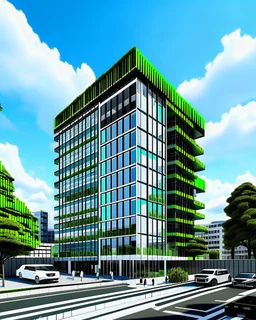 A 3D representation of a 10-story building in Bogotá for housing, commerce and office purposes. It has a modern neo-futufist architectural design with a mix of glass and concrete. There are shops on the ground floor. The upper floors contain residential units and office spaces. The building is surrounded by a green space with trees.