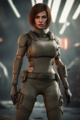 12k wallpaper of Arina- 34 years old woman, mercenery, fierce and stunning, Bobcut brown hair, athletic, wearing combat clothes in sci-fi world - HDR quality - trending in artstation, ultra realistic, highly detailed neck, highly detailed face