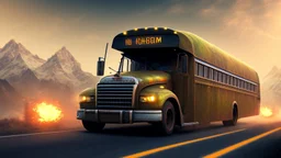 a school buss driving on the freeway, full of orcs, perfect composition, hyperrealistic, super detailed, 8k, high quality, trending on artstation, studio photo, highly detailed, wide borders