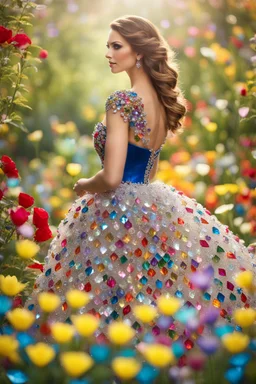 Photograph Beautiful woman wearing dress made of colors diamonds shapire and jewels in a flowergarden