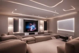 a dedicated home cinema room with LED ambient lighting in the walls