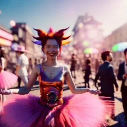 Ultra Realistic photo, medium shot view, drunken sweet dancer Japanese woman, carnival scene, monster hair, steampunk style. Red hair, confeti, smile, happy, festival, ovnis, gradient color fog. highly detailed, concept art, unreal engine 5, ray tracing, RTX, lumen lighting, ultra detail, volumetric lighting, 3d, finely drawn, high definition, high resolution.