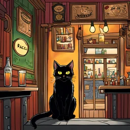 comic {Black cat with glowing eyes sitting in a pub} . graphic illustration, comic art, graphic novel art, vibrant, highly detailed