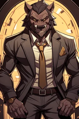 Buff, anthro, wolf, himbo, black fur, gold eyes, wearing a suit, full-body, muscles, strong, muscular, man boobs, bulky, tail, dark fur, smug grin, hands on hips, furry-himbo, broad shoulders, wide hips, big chest, big muscles,